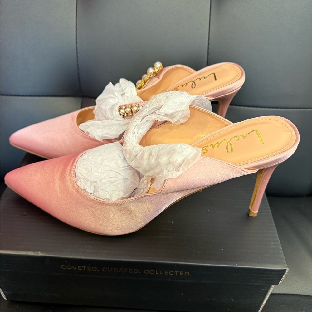 Lulu's Pink Satin Pearl-Embellished Pointed-Toe Mules - Picture 4 of 5